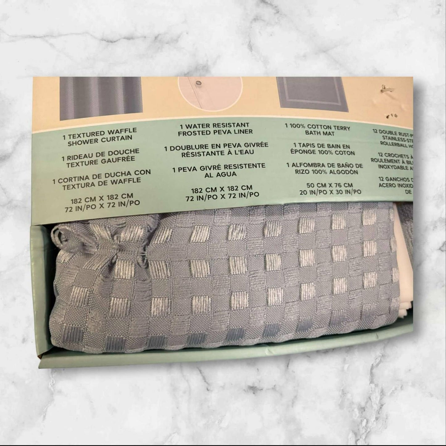 4 Pc Bath Set Curtain, Liner, Hooks, and Bath Mat - Grey small thread pull