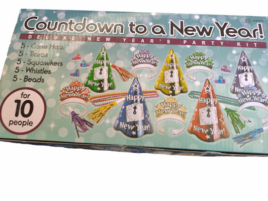 Countdown to a New Year! party kit featuring colorful hats, beads, and noisemakers for 10 people.