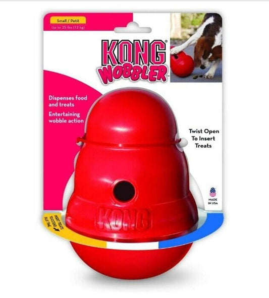 KONG Wobbler red toy designed to dispense food and treats with entertaining wobble action.