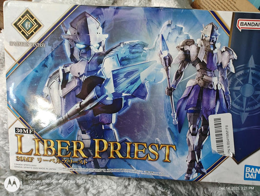 Liber Priest model kit featuring detailed armor and accessories in blue and silver colors.