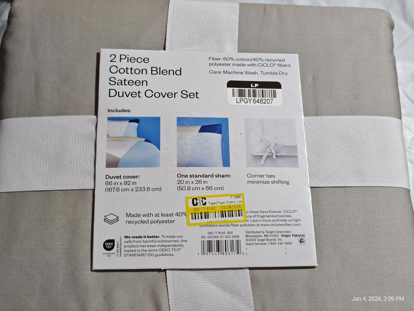 Room Essentials Twin XL Ivory & Blue Cotton Blend Sateen Duvet & Sham 2 Pc Set