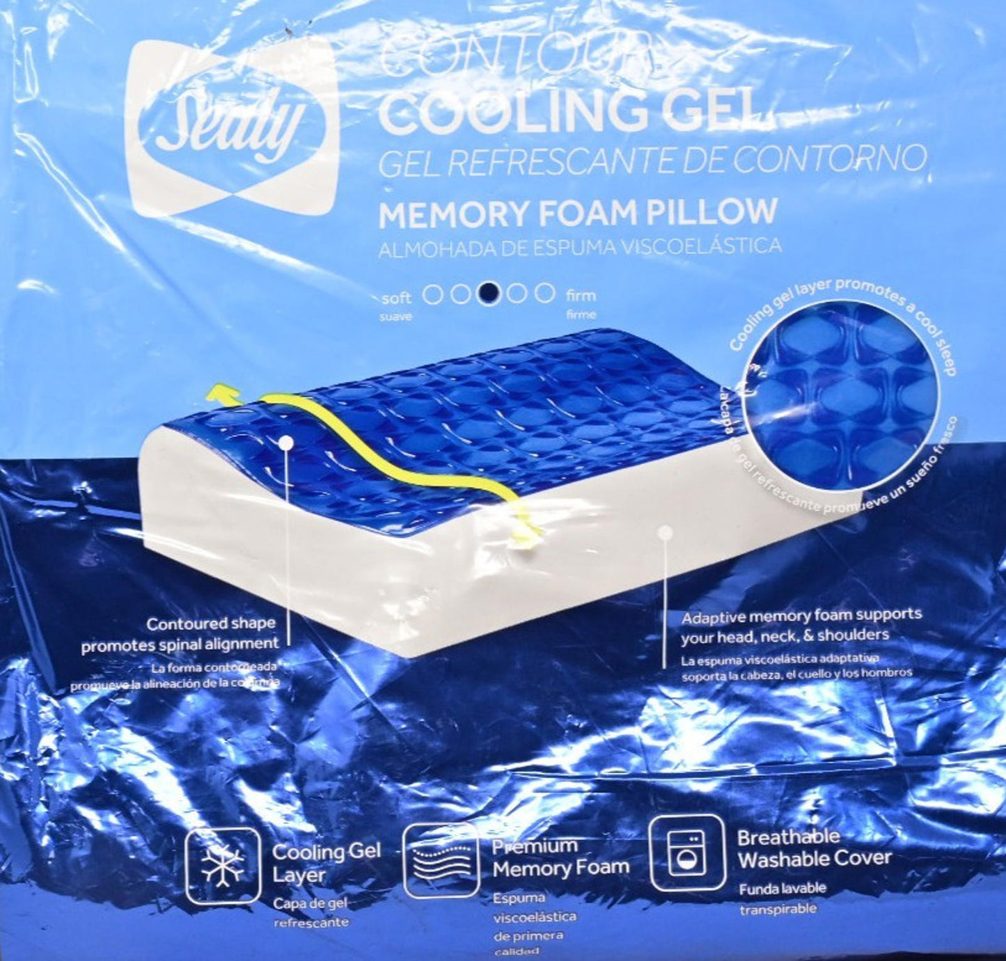 Sealy Cooling Gel Contour Memory Foam Pillow, 20" L x 15" W x 5" H