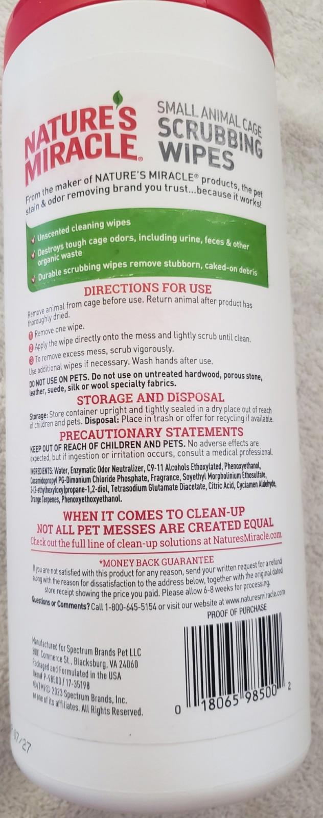 Nature's Miracle scrubbing wipes for small animal care, effective for cleaning messes and odors.