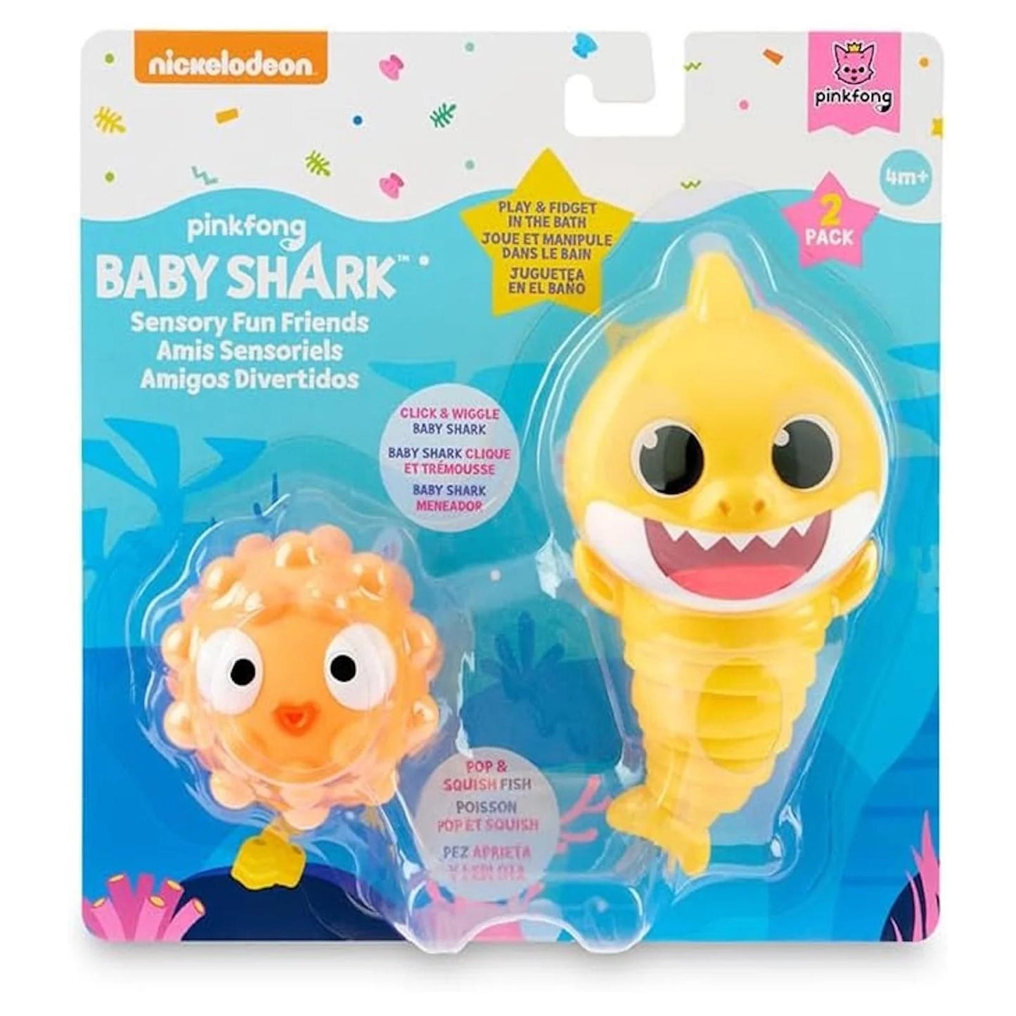 Baby Shark sensory fun friends set featuring a yellow shark and a pink fish, ideal for toddlers.