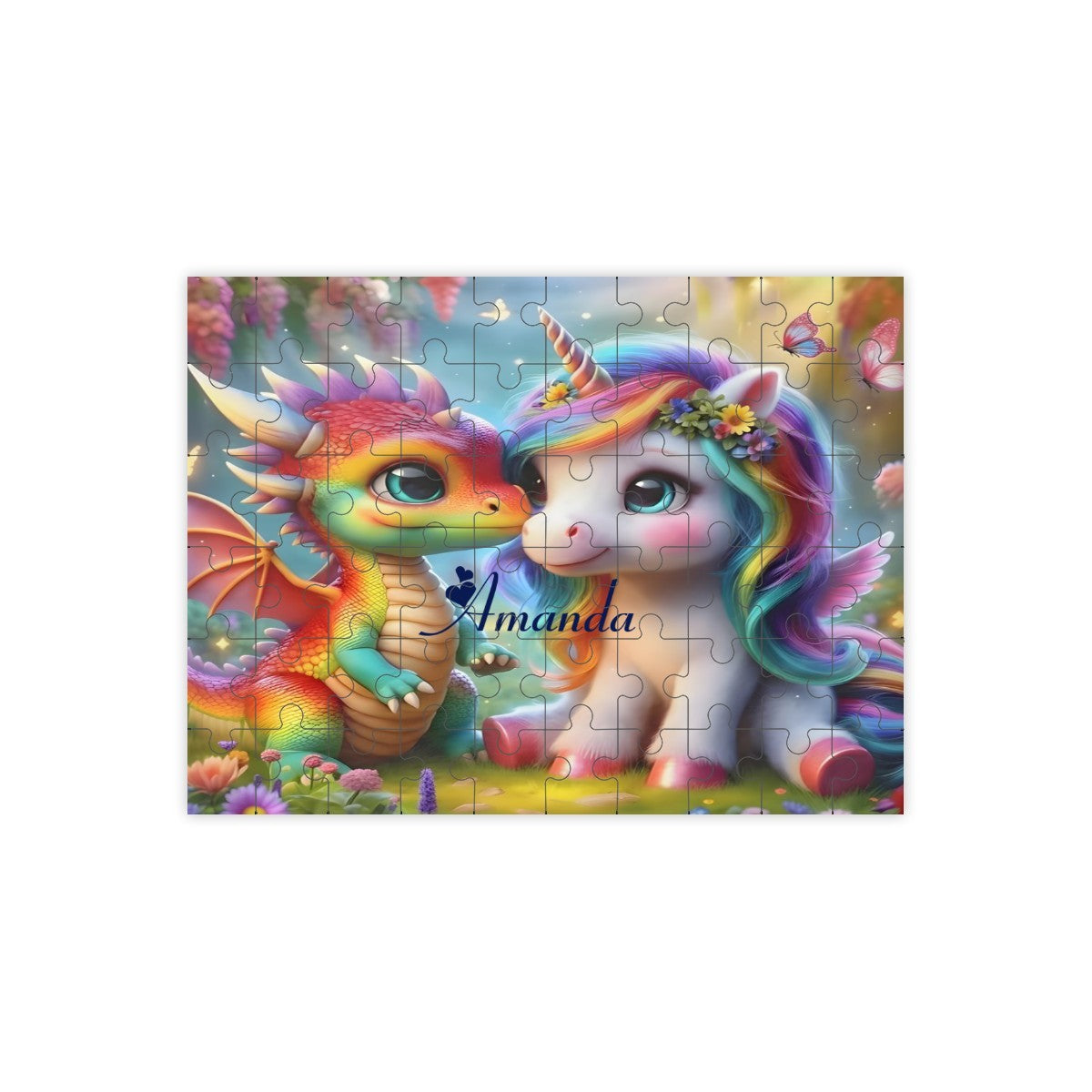 Personalized Unicorn Dragon Wooden Puzzle with Name | Kawaii Rainbow Dragon and Baby Unicorn in a Magical Garden | 60 Pieces | Gift for Girls