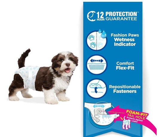 Fashion Paws dog diapers with wetness indicator and comfort flex-fit features.
