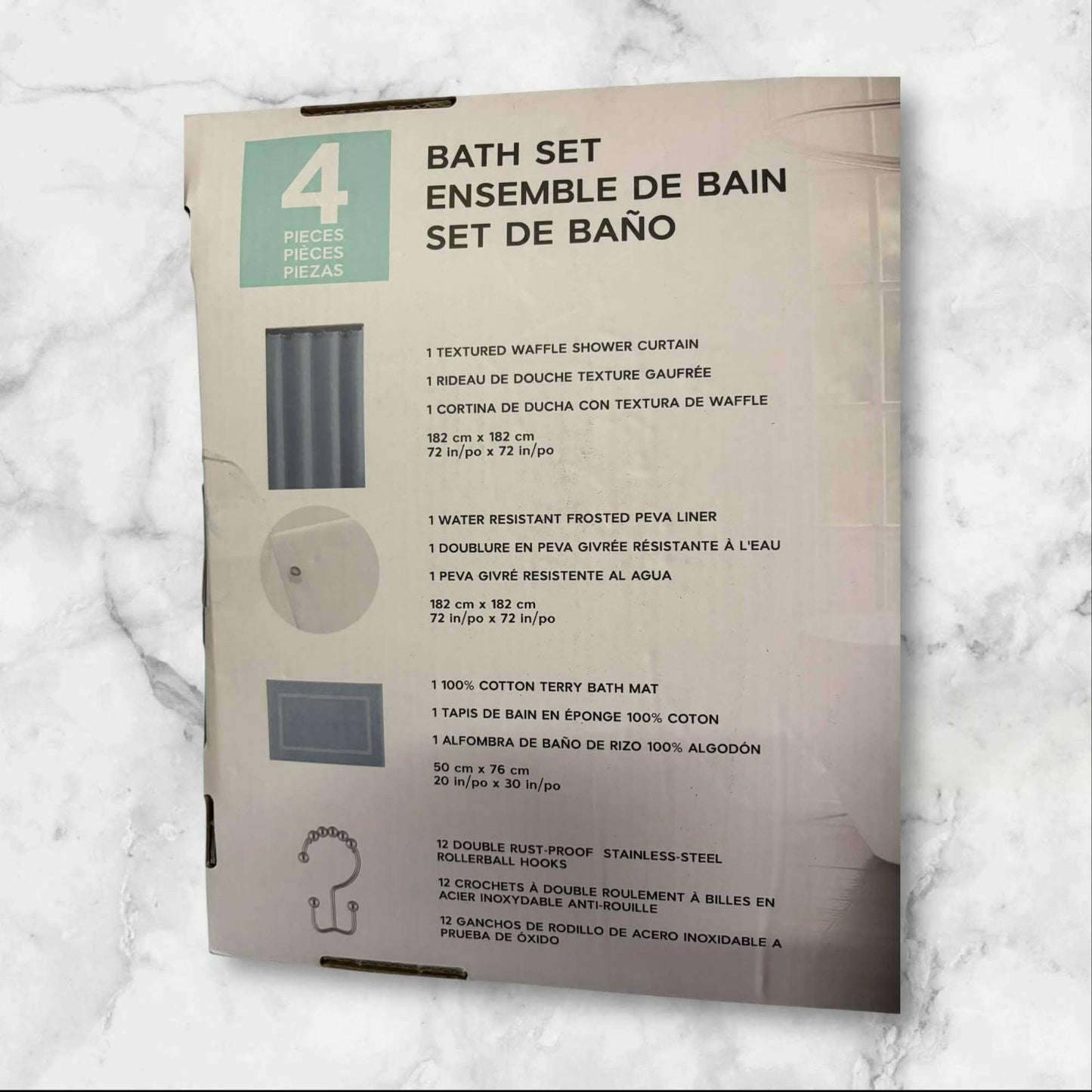 4 Pc Bath Set Curtain, Liner, Hooks, and Bath Mat - Grey small thread pull