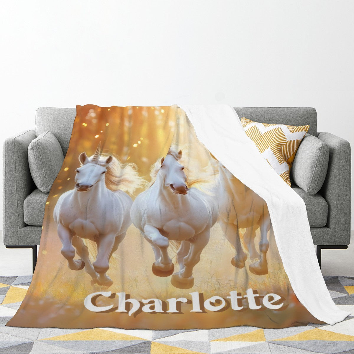 Personalized Unicorn Blanket with Name | Three Unicorns Golden Glow Design | Custom Gift for Girls & Teens