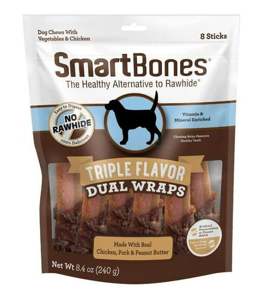 SmartBones Triple Flavor Dual Wraps, a healthy dog chew with chicken, pork, and peanut butter flavors.
