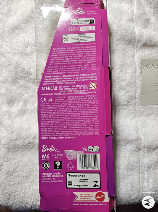 Barbie doll packaging featuring vibrant pink design and product details on the back.