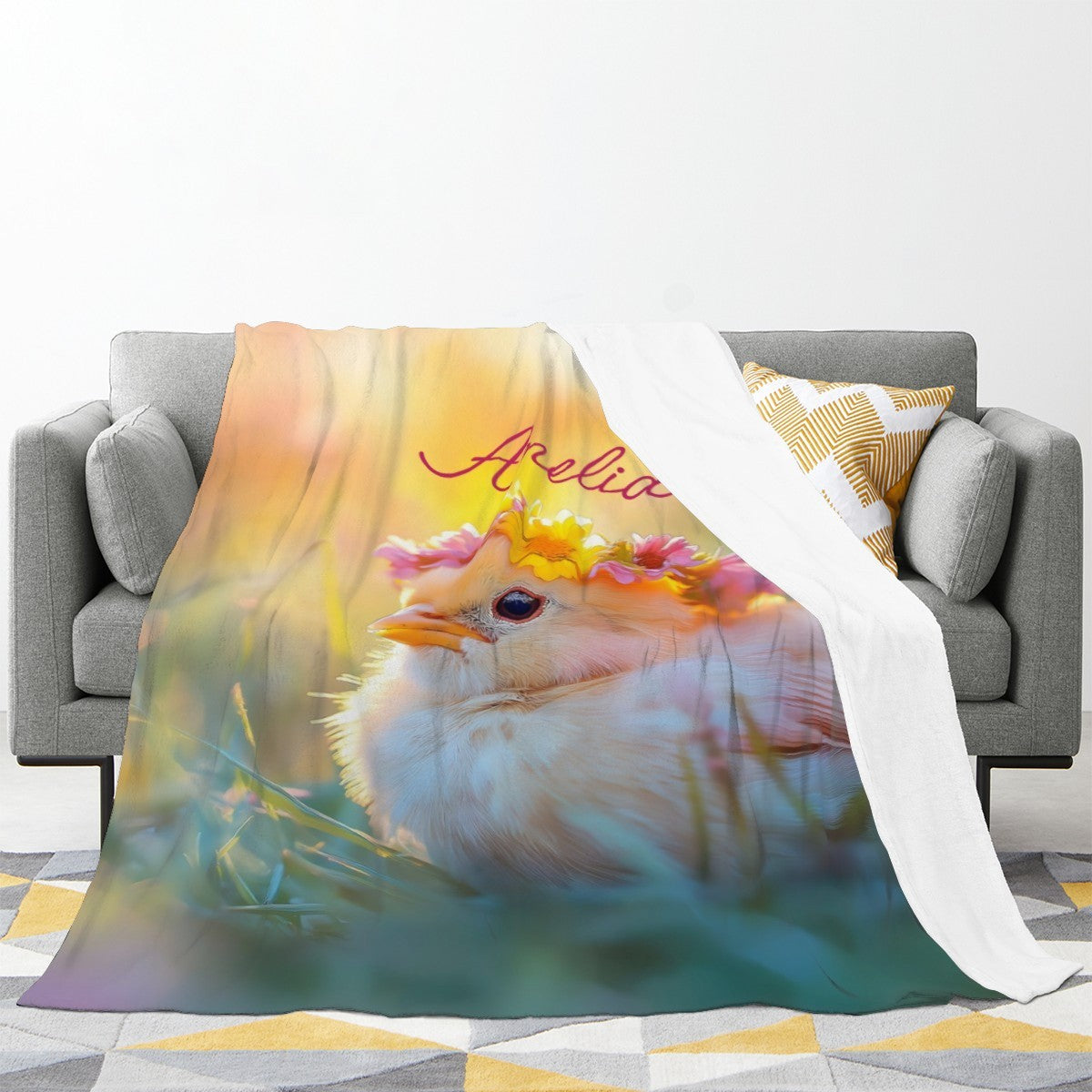 Personalized Baby Blanket with Name | Fluffy Bird Flower Crown Design | Custom Baby Shower & Easter Gift