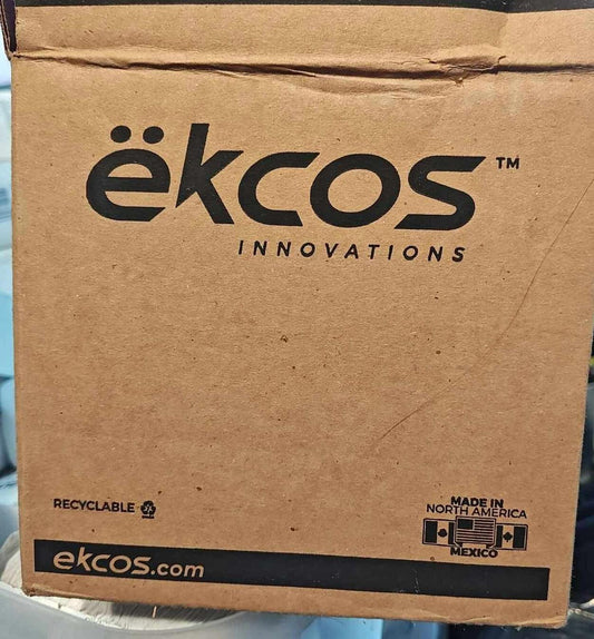 Ekcos Innovations cardboard box featuring recyclable label and logo.