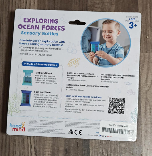 Exploring Ocean Forces sensory bottles for kids aged 3 and up, featuring colorful designs and educational benefits.