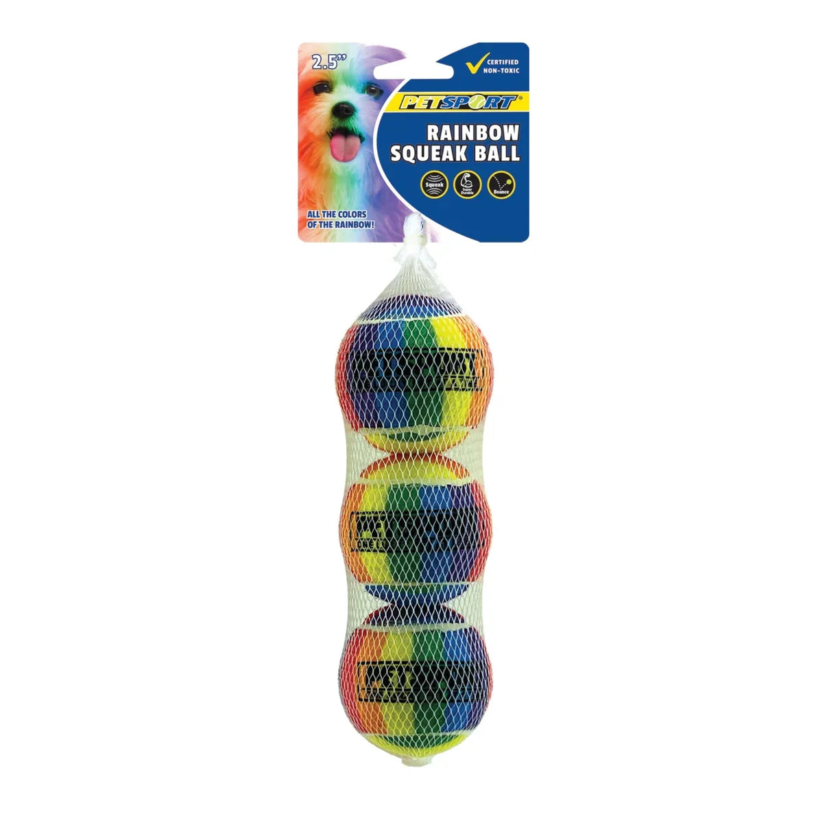 PETSPORT TUFF BALLS RAINBOW SQK BALL 2.5IN 3PK