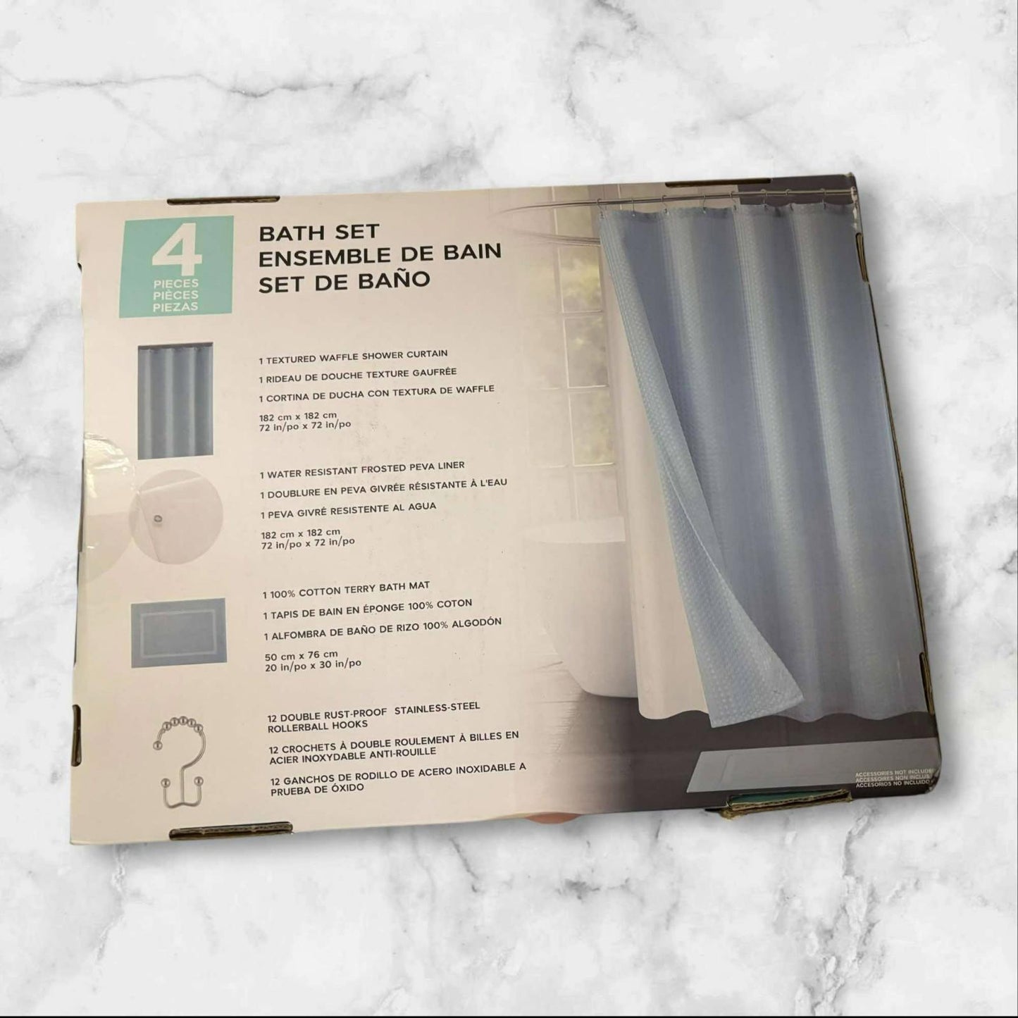 4 Pc Bath Set Curtain, Liner, Hooks, and Bath Mat - Grey small thread pull