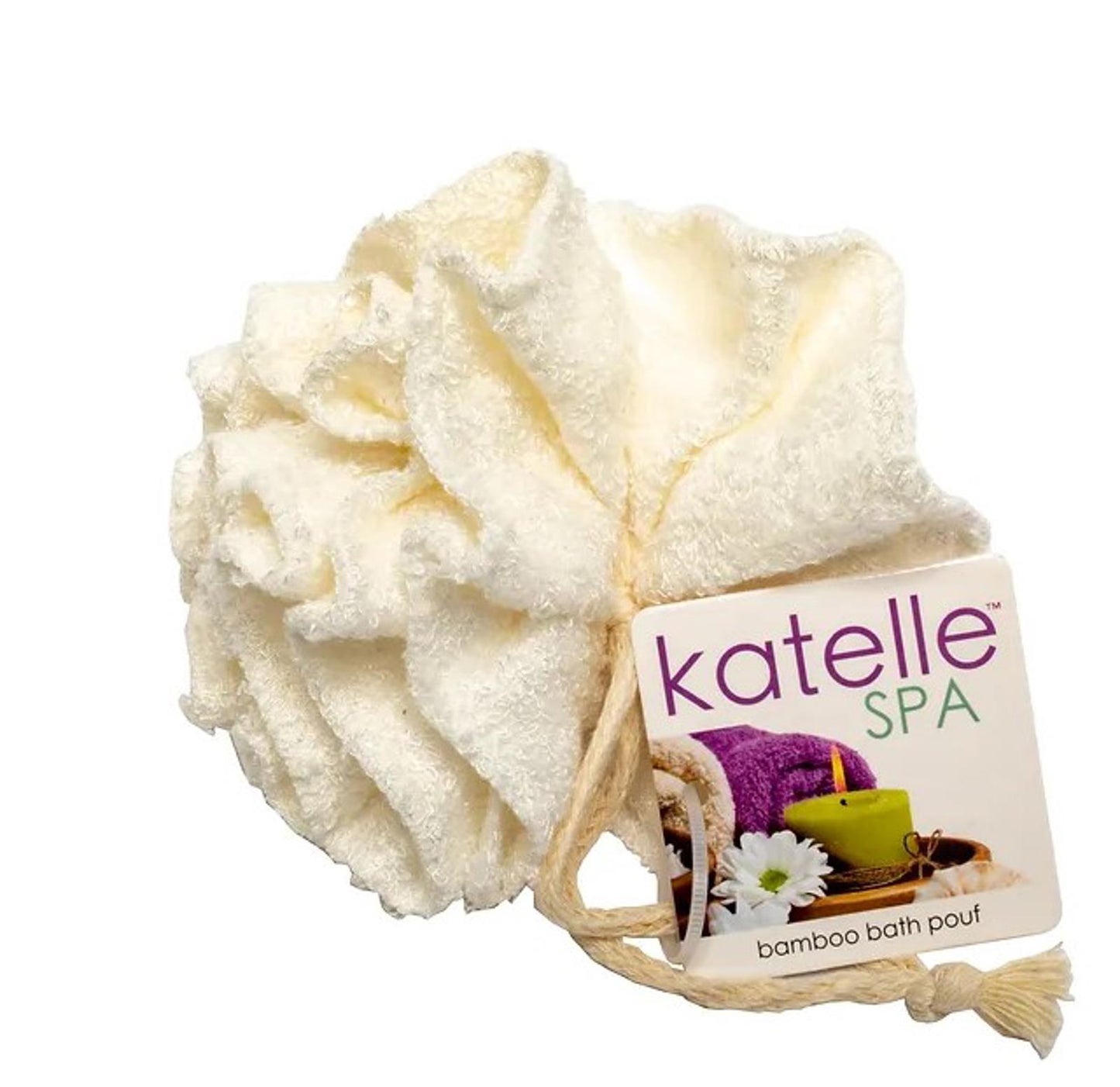 Katelle Spa bamboo bath pouf in soft cream color, perfect for gentle exfoliation.