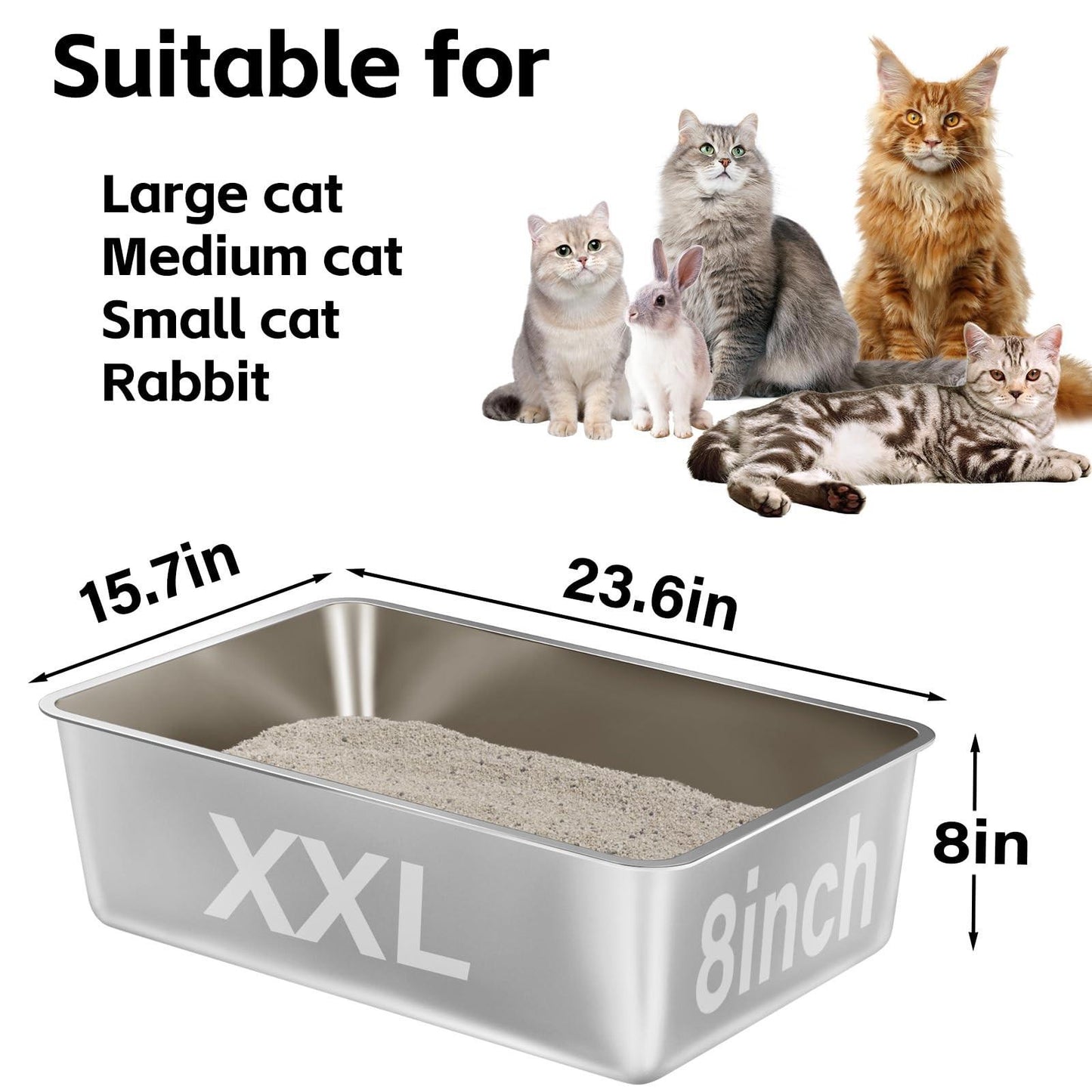 Stainless Steel Cat Litter Box, XXL Metal Litter Box for Big Cats 8IN Deep NEW