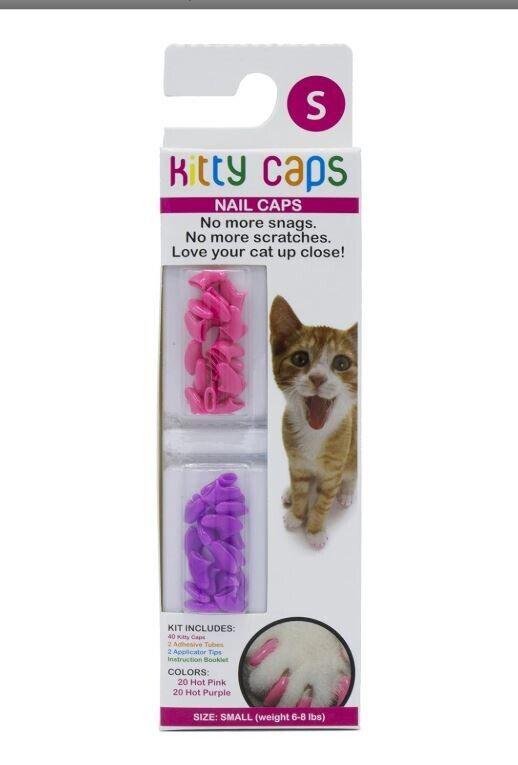 Kitty Caps nail caps in pink and purple for cats, preventing scratches and ensuring safety.