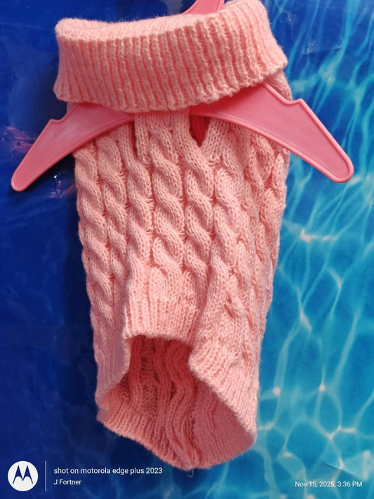 Pink Cable Knit Dog Sweater with a cozy design, perfect for chilly days.
