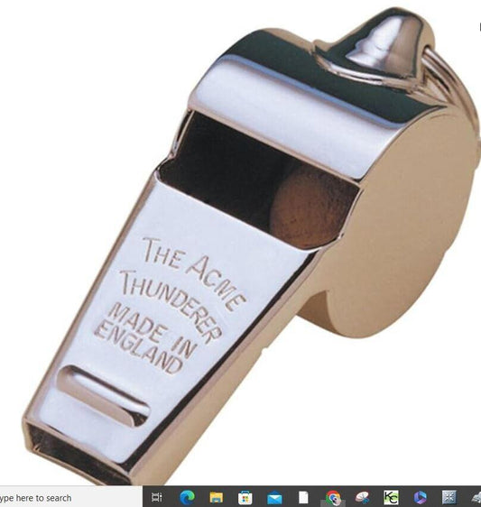 Acme Thunderer whistle with a shiny silver finish, made in England.