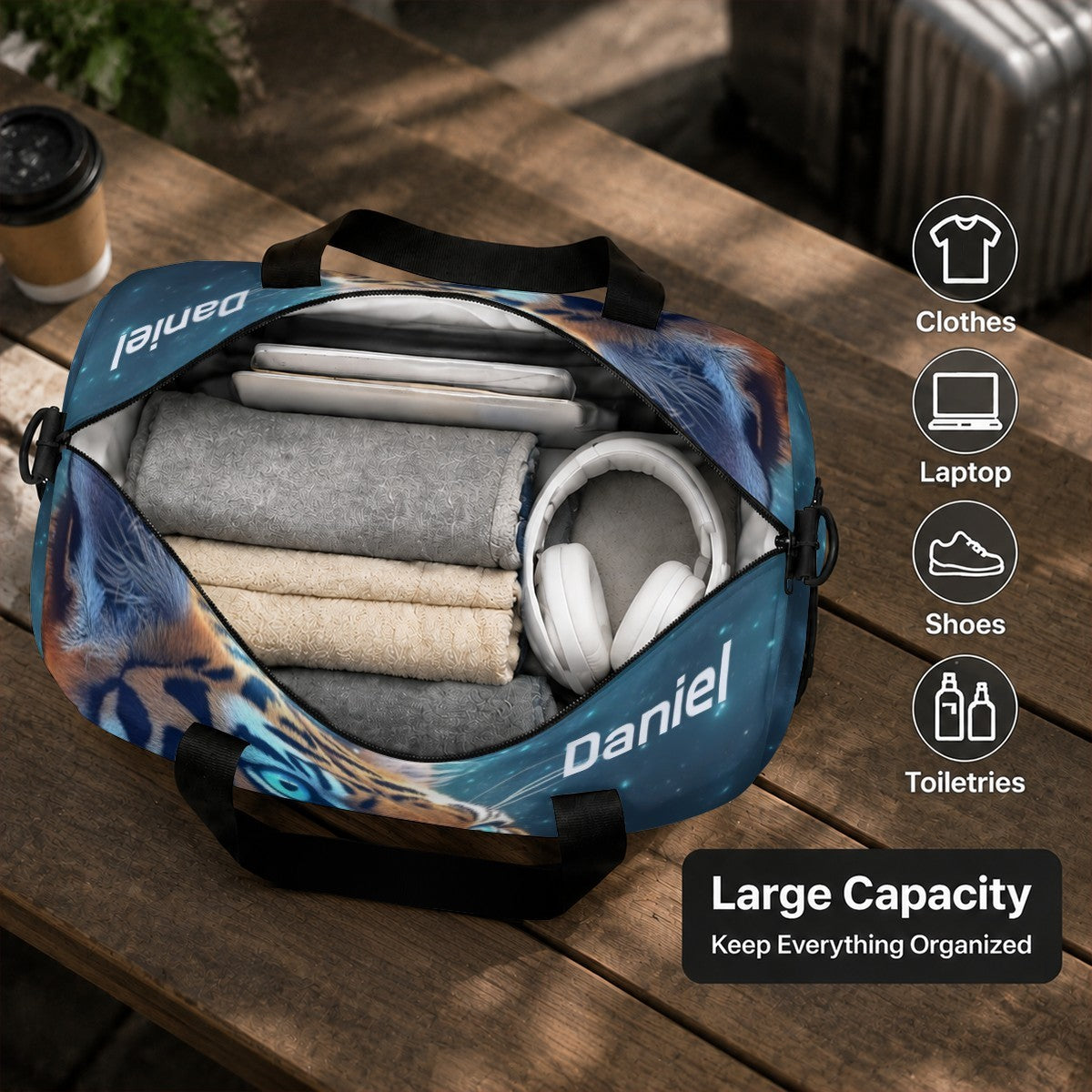 Personalized Blue Tiger Duffel Bag with Custom Name – Wildlife Gym, Weekend & Travel Bag