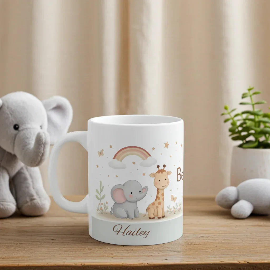 Personalized Be Happy Safari Mug | Custom Name | Baby Elephant Giraffe Boho Rainbow Ceramic Gift