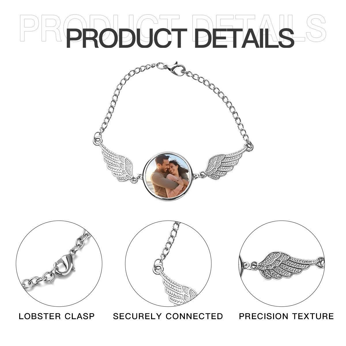 Custom Photo Angel Wings Bracelet | Personalized Photo Charm Bracelet | Silver Gift