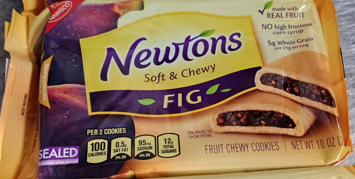 Newtons Fig cookies featuring soft and chewy texture with real fruit filling.