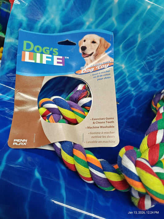 Dog's Life dog toy featuring a colorful rope design for chewing and playing.