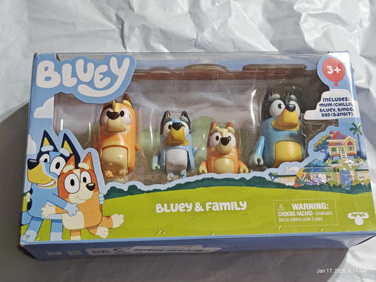 Bluey & Family toy set featuring four colorful figures in a box, perfect for imaginative play.
