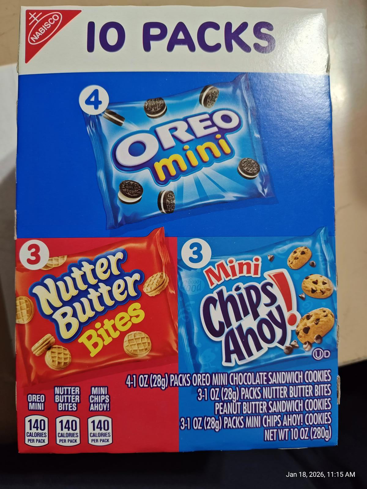 Oreo Mini, Nutter Butter Bites, and Mini Chips Ahoy! cookies in a 10-pack box.