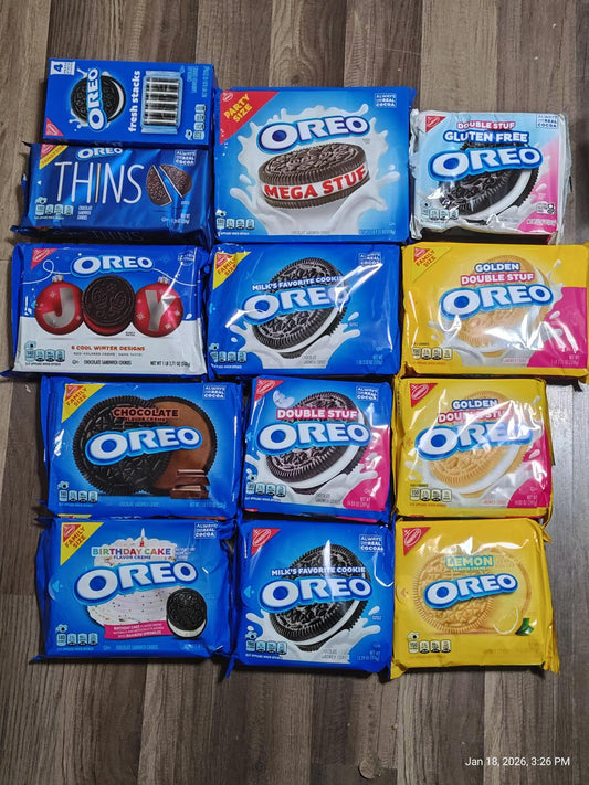 Oreo cookie variety pack featuring Thins, Mega Stuf, and gluten-free options.