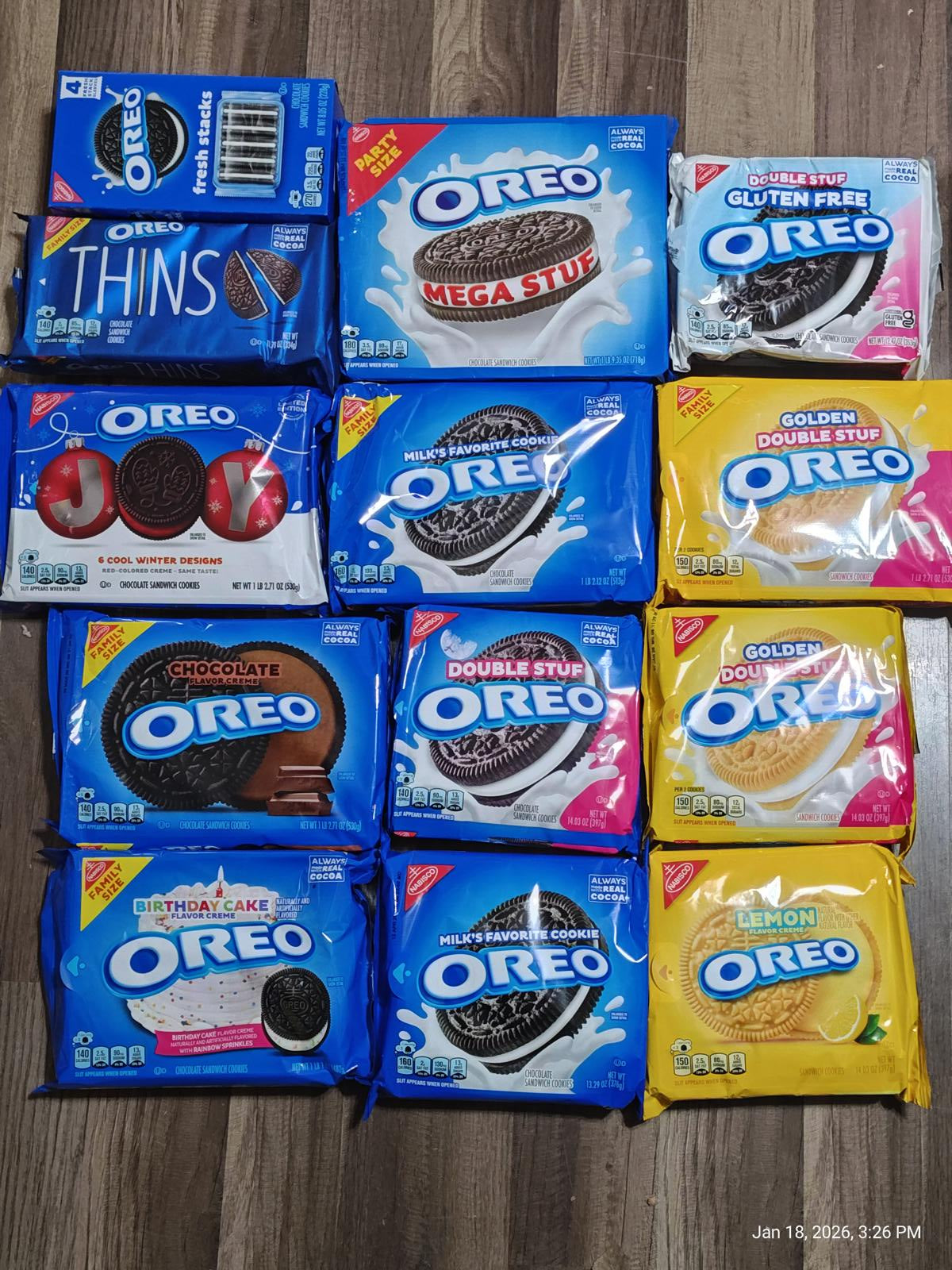 Oreo cookie variety pack featuring Thins, Mega Stuf, Gluten Free, and Double Stuf flavors.