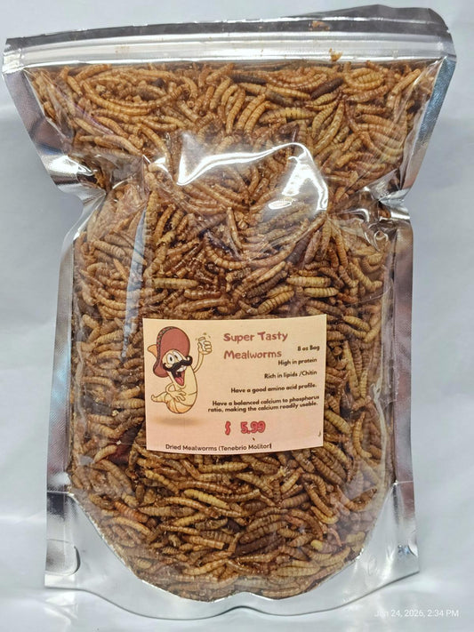 Super Tasty Mealworms in a clear bag, showcasing the crunchy texture and natural color.