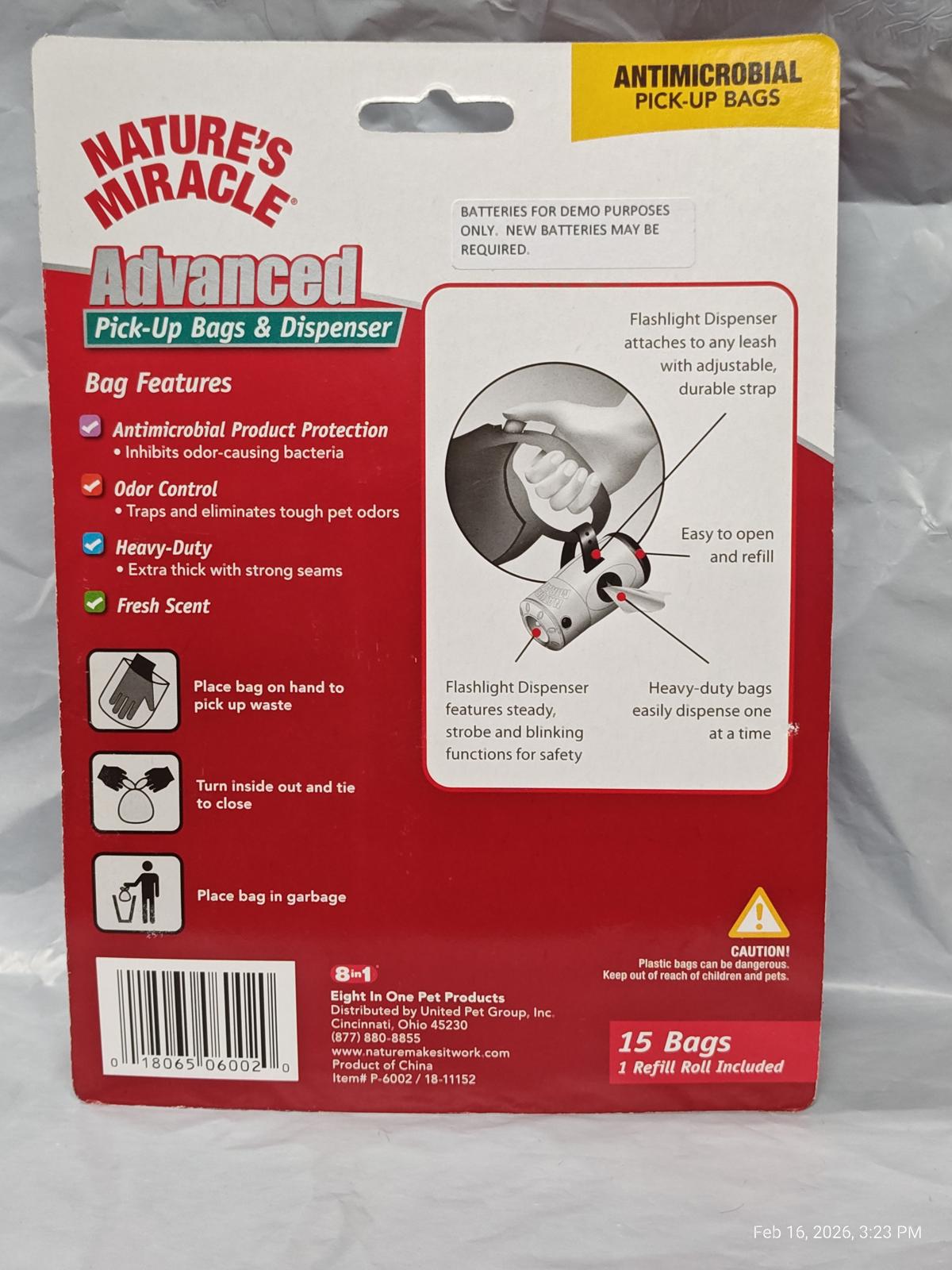 Nature's Miracle Advanced pick-up bags and dispenser featuring antimicrobial protection and heavy-duty design.