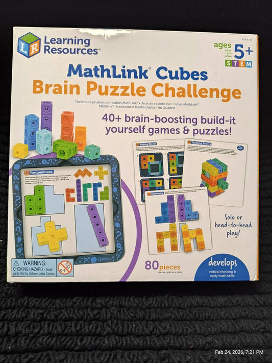 MathLink Cubes Brain Puzzle Challenge includes 80 pieces for building games and puzzles.