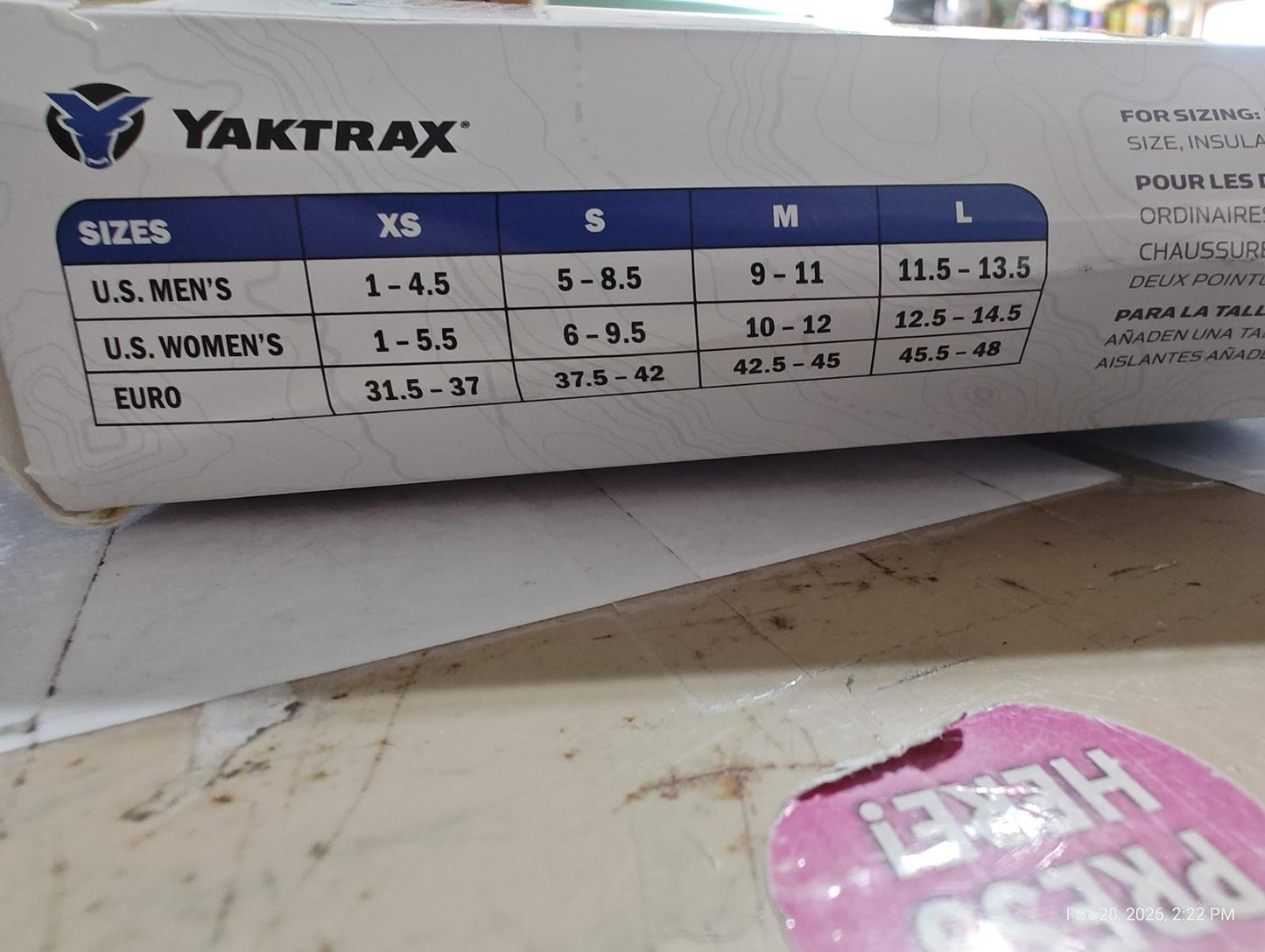 Yaktrax size chart showing XS to L for men's and women's footwear.