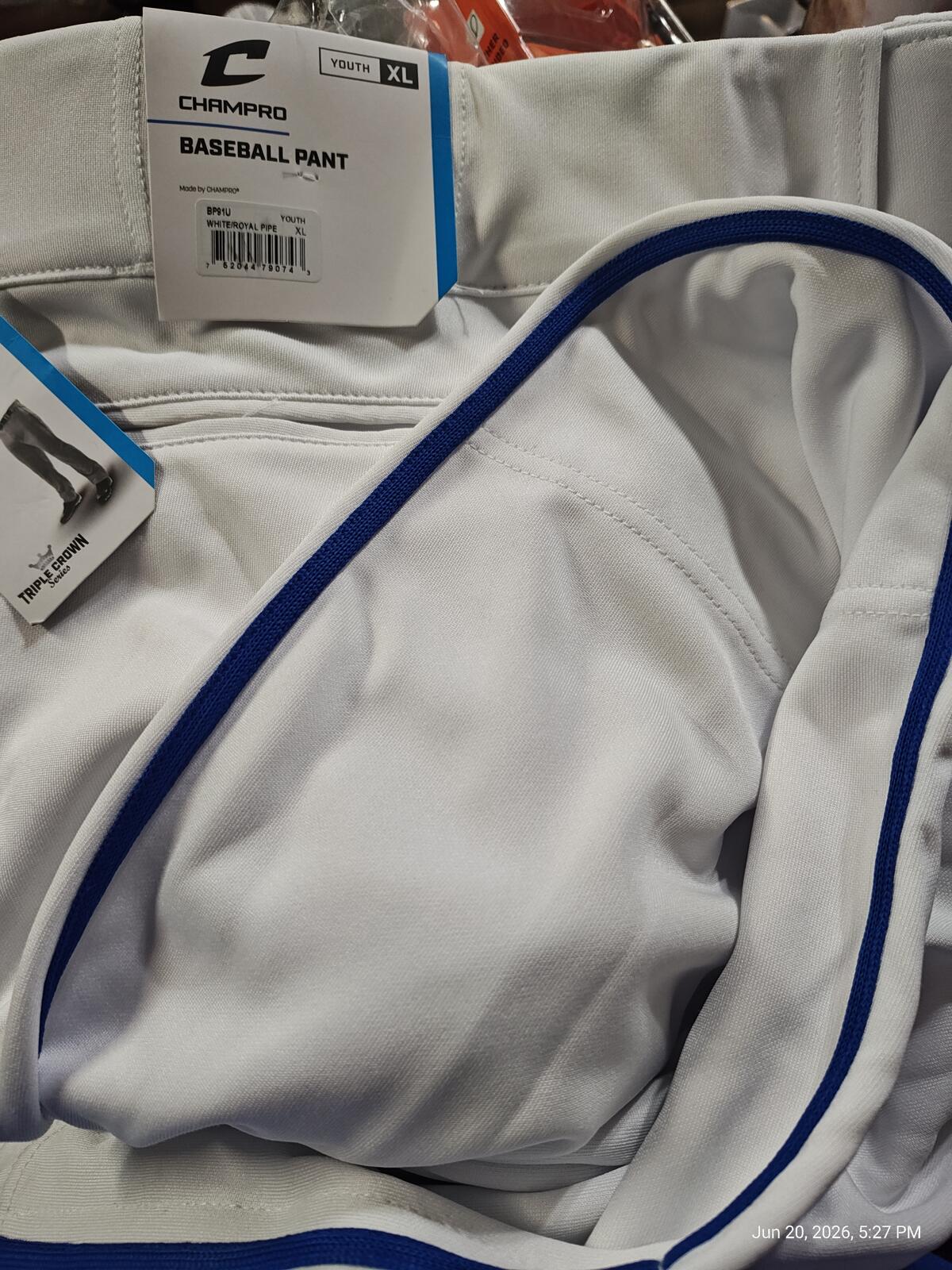 Champro Triple Crown Open Bottom Baseball Pants White w/Royal Blue Piping