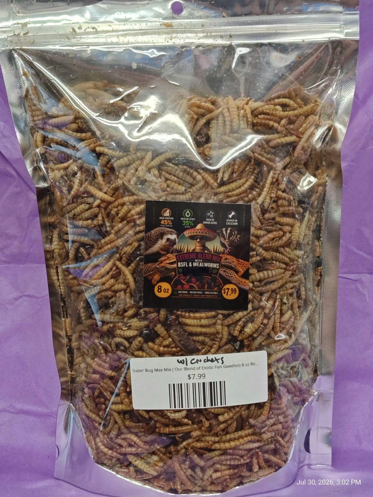 Super Bug Max Mix (Mealworms ,BSFL, Crickets ) 8 oz Resealable Bag