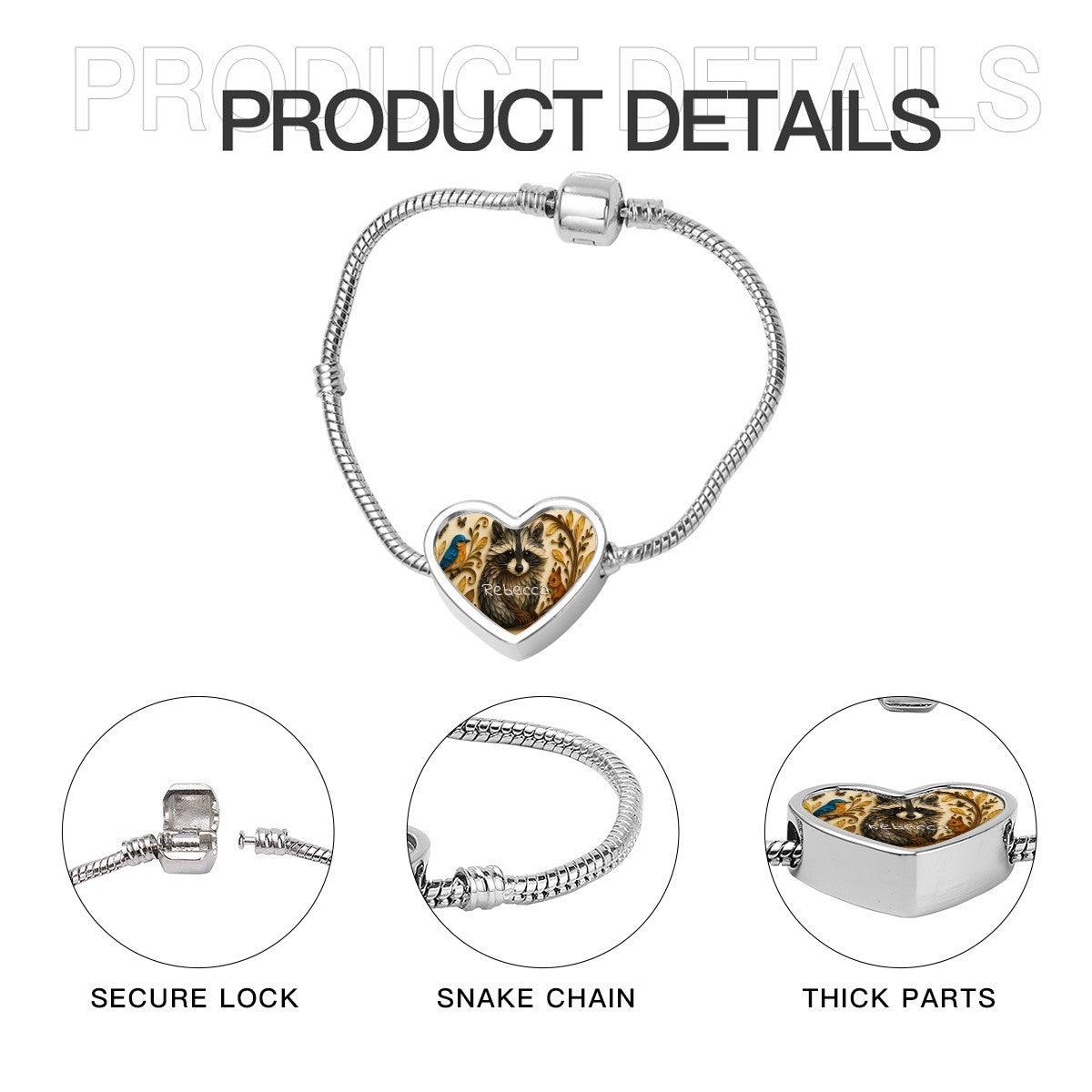 Personalized Raccoon Bracelet | Custom Name Heart Charm Snake Chain Bracelet | Silver