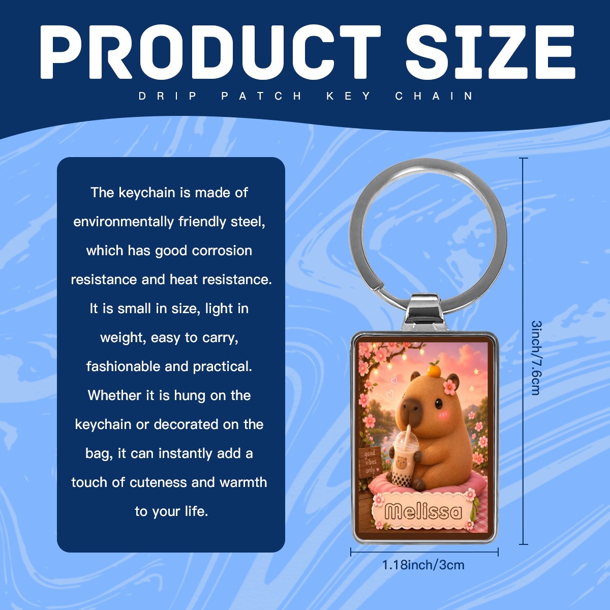 Personalized Capybara Keychain with Name - Kawaii Capybara Boba Tea Design on Silver Stainless Steel Rectangle Charm - Cute Gift for Teen Girls