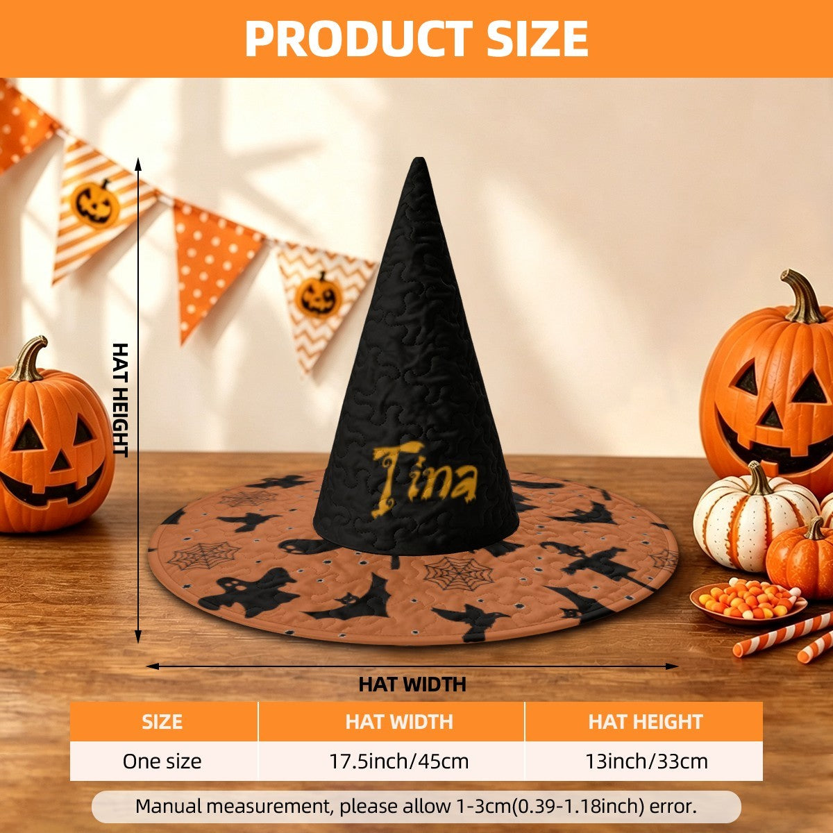Personalized Halloween Witch Hat with Custom Name - Flying Witches Ghosts and Spider Webs Orange Brim Costume Hat for Adults and Teens