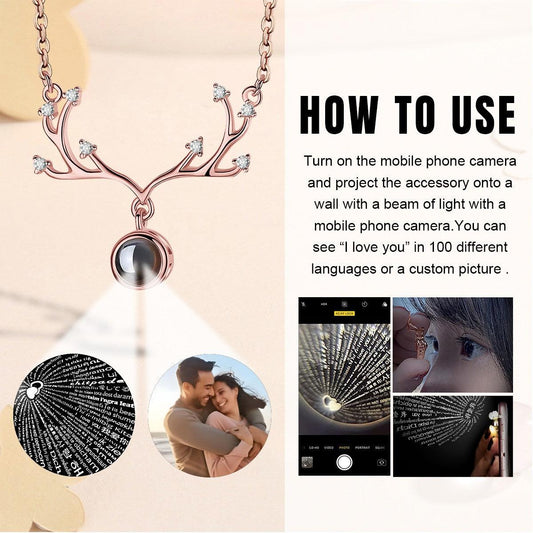 Custom Photo Projection Antler Necklace with Hidden 'I Love You' | Rose Gold & Platinum