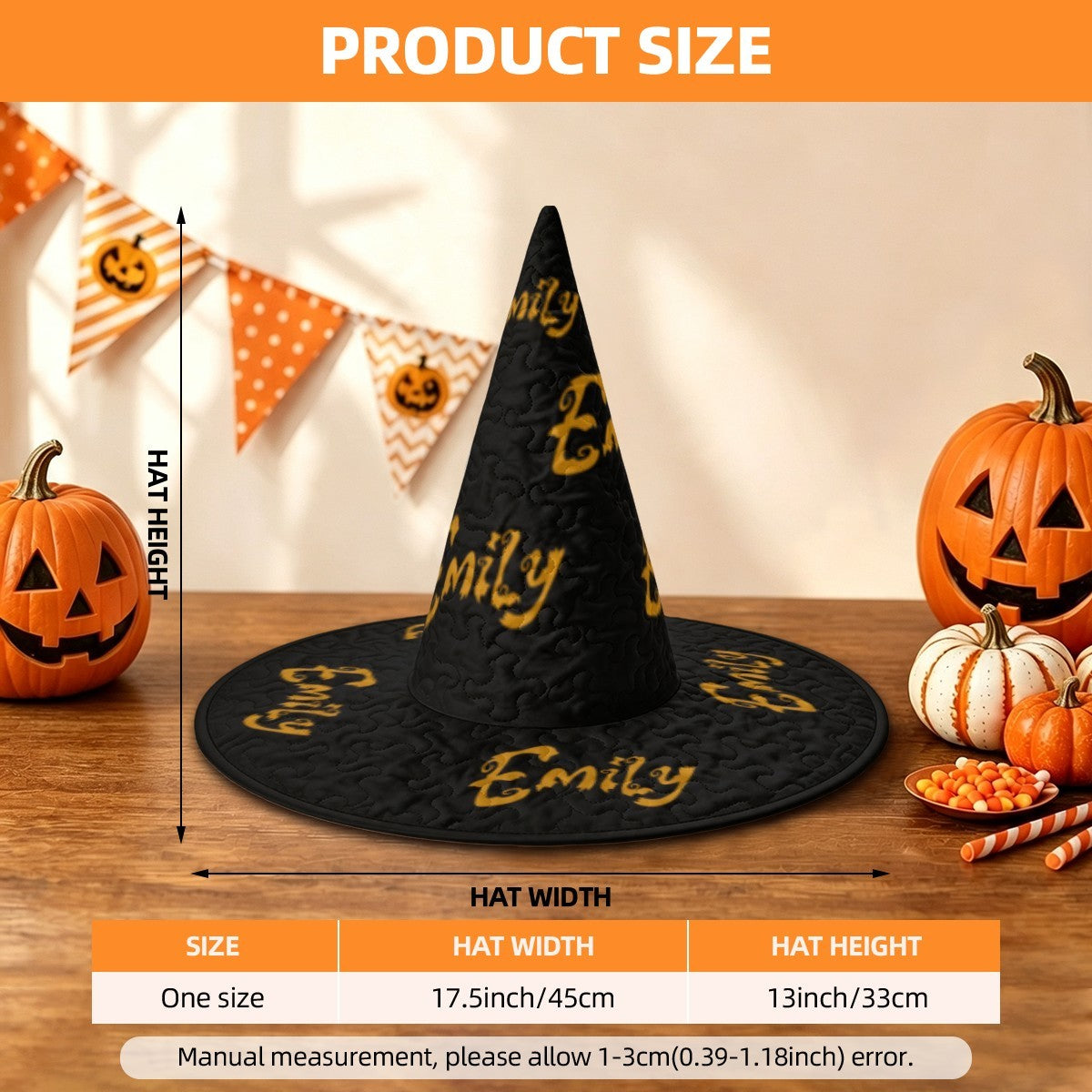 Personalized Halloween Witch Hat with Name Repeated All Over - Custom Name in Gold Dripping Font on All-Black Quilted Witch Hat for Adults and Teens