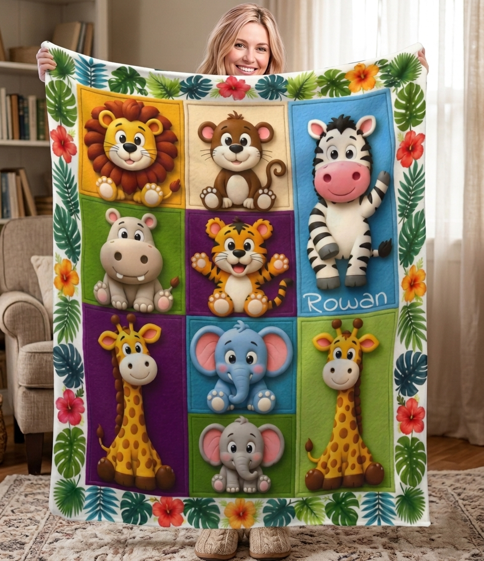 Personalized Safari Animals Blanket with Name | 3D Cartoon Grid Design | Custom Kids Gift
