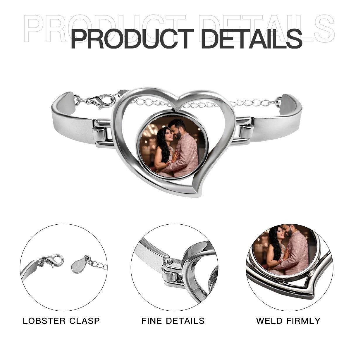 Custom Photo Heart Bangle Bracelet | Personalized Round Photo Charm in Open Heart | Silver