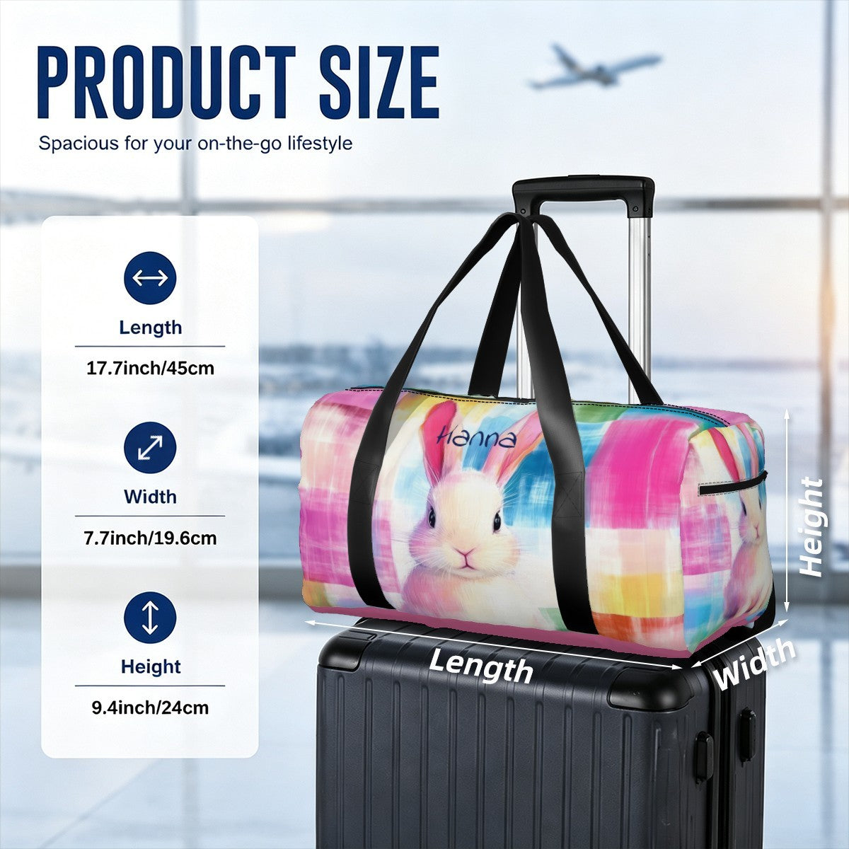 Personalized Watercolor Bunny Duffel Bag with Custom Name – Colorful Travel, Gym & Weekend Bag