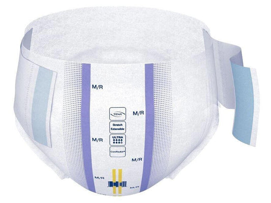 Adult diaper featuring adjustable tabs and moisture indicator for comfort and security.