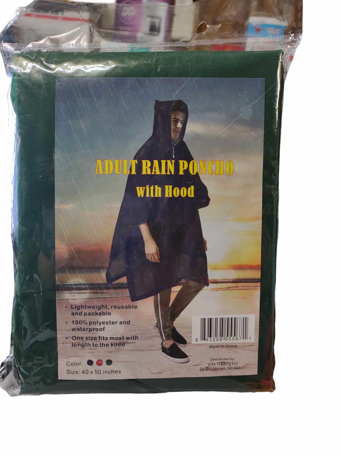 Adult Rain Poncho with Hood, lightweight and waterproof, ideal for outdoor activities.