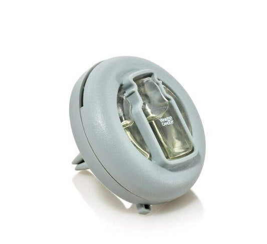 Air Freshener Dispenser with a sleek gray design and visible fragrance bottle.